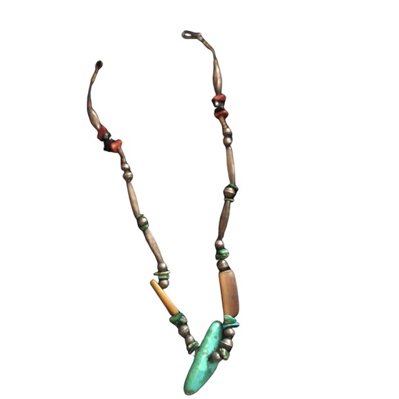 Vintage Navajo Bench beads sterling silver turquoise coral bone? Necklace - Picture 2 of 12